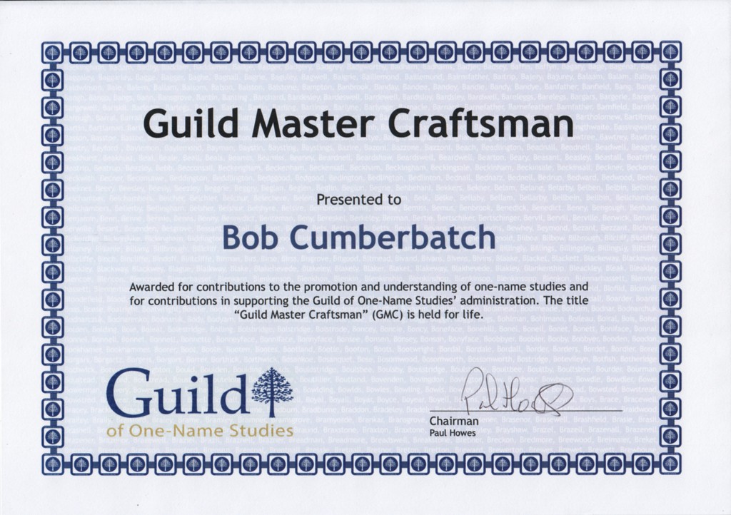 Cumberbatch Family History Bob Cumberbatch's Master Craftsman of the Guild Certificate