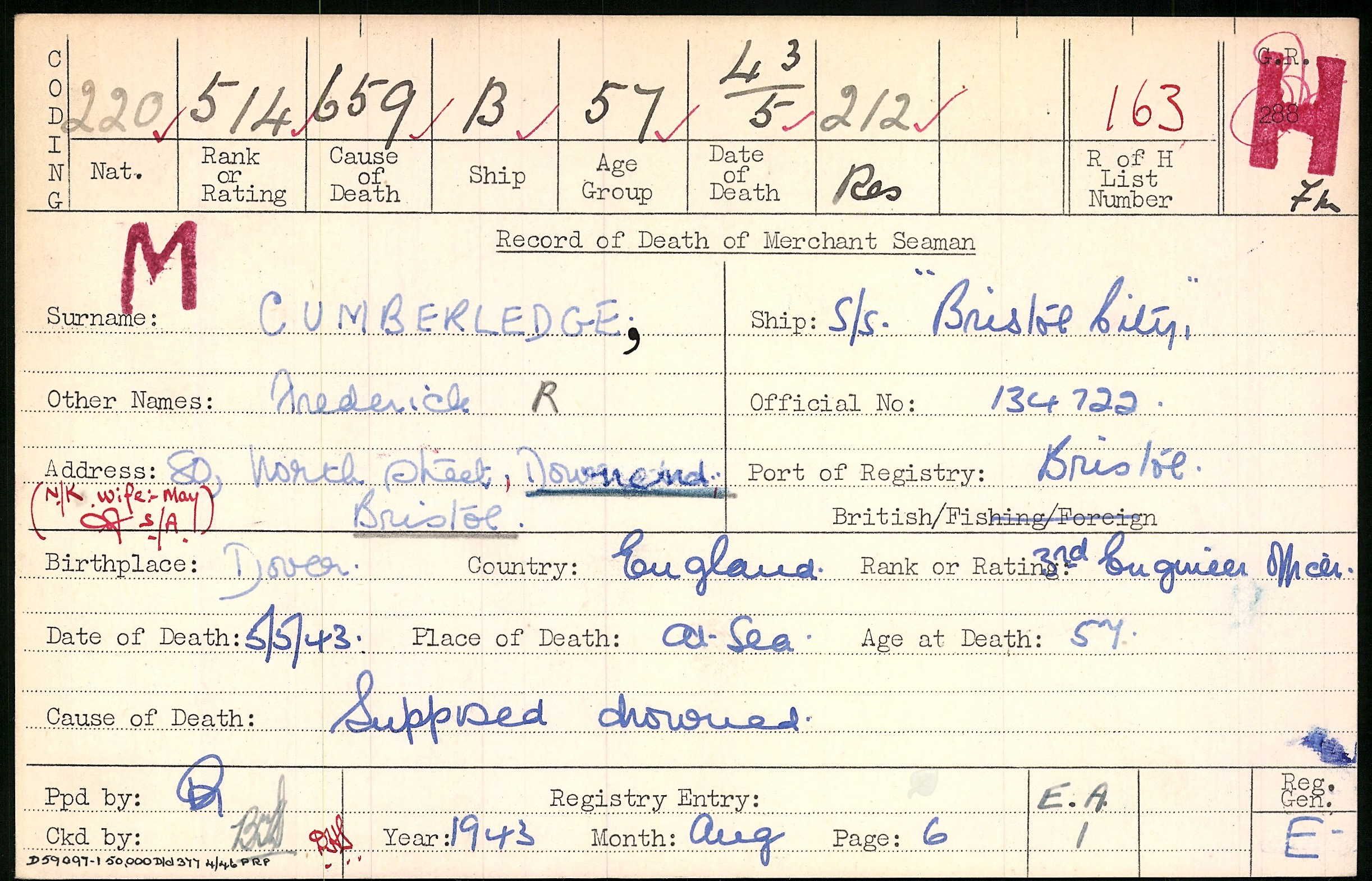 Frederick Robert Cumberledge's Report of Death of Merchant Seaman Card